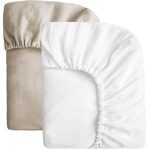 SOULFUL Muslin Crib Sheets for Boys Girls, 2 Pack Soft and Breathable Organic Cotton Fitted Crib Sheets for Standard Crib Mattress (28"x 52", White & Light Tan)