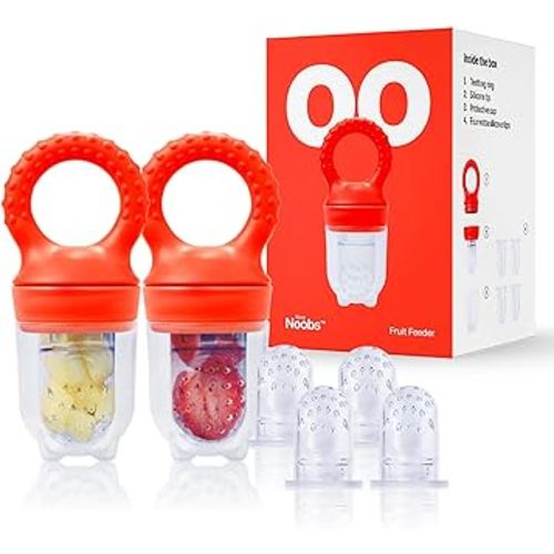 Baby Fruit Feeder by Love Noobs, Frozen Teething Toys for Babies, 2 Pack Baby Fruit Pacifier Feeder with 4 Extra Teats, Baby Eating Essentials, Frozen Teether, BPA Free Baby Feeding Supplies