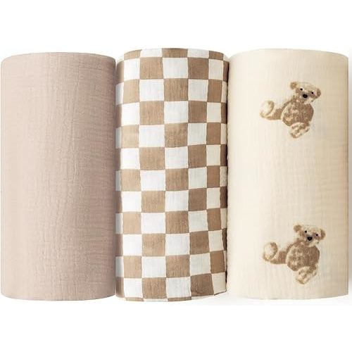 Little Jump Muslin Swaddle Blanket Baby - 40" x 47" Large Cotton Swaddling Blanket Soft Neutral 3 Pack (Coffee Checkered & Khaki & Teddy Bear)
