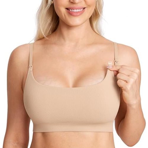CALVENA Women's Seamless Ribbed Nursing Bras Wireless Sports Bra for Maternity Breastfeeding Comfort Sleep Bralettes
