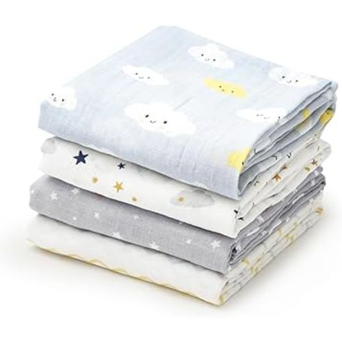 david's kids 4 Pack Baby Muslin Swaddle Blankets, 100% Cotton Swaddling Blankets Wrap for Boys Girls, Ultra Soft Breathable Receiving Blanket, New Born Essentials,Clouds