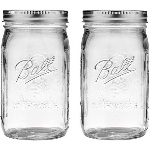 Ball Wide Mouth Glass Mason Jars with Lids and Bands, Used for Canning, Pickling, Juice, Jam, Jelly, Quart Size 32 Ounce (Pack of 2)