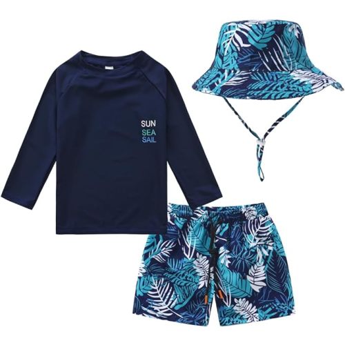 Toddler and Baby Boys' 3-Piece Swimsuit Trunk, Long Sleeve Rashguard Bathing Suit with Hat Set - 9-12 Months - Navy White Tropical