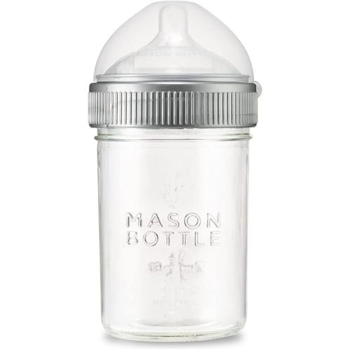 Mason Bottle 8oz Baby Glass Bottle with Breast Like Slow Flow Nipple, Cap+Ring - BPA Free, Non Toxic, Anti Colic Glass Baby Bottle, Glass Feeding Bottle for Babies