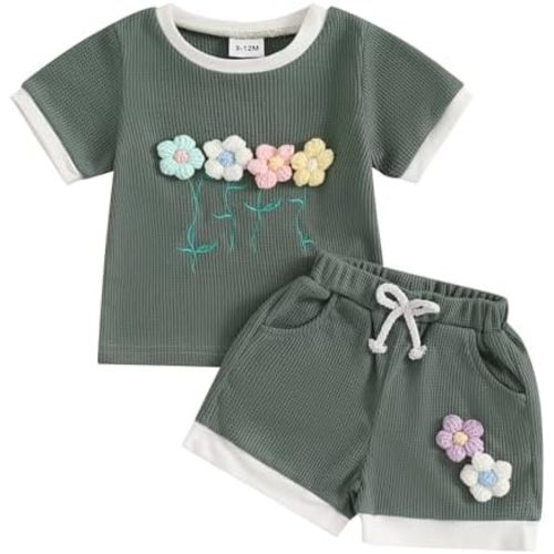Toddler Baby Girl Clothes Waffle Knit Embroidered Short Sleeve Shirt Shorts Cute Boho Summer Outfit Clothing Set
