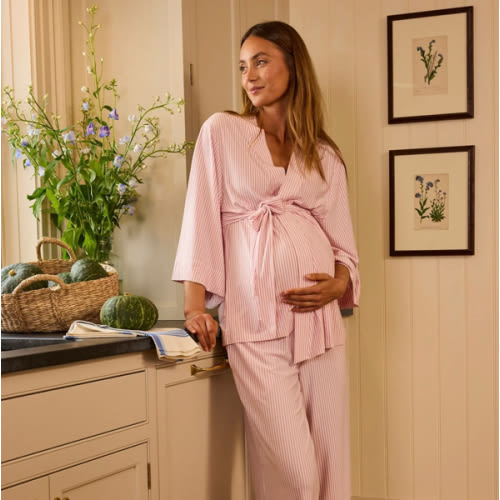LAKE | Women | DreamModal Pajamas | Sandstone Pencil Stripe Maternity Kimono Bundle