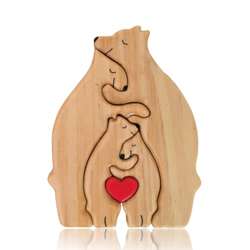 Xyeyo Bear Family Wooden Puzzle Personalized Love Family Wood Puzzle Bear Wooden Sculpture Home Decor Gifts for Mother Day, Father, Christmas (Four Bears), 5.9*4.7inch