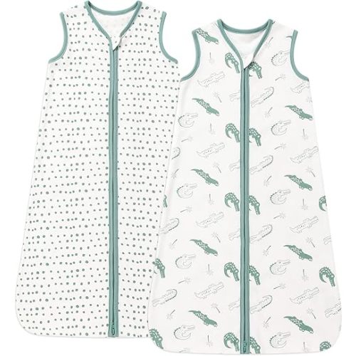 DaysU Baby Sleep Sack 6-12 Months 100% Cotton, Baby Boy Wearable Blanket 2-Way Zipper TOG 0.5, Breathable Lightweight Baby Sleeping Bag 2 Pack, Green Crocodile, Medium