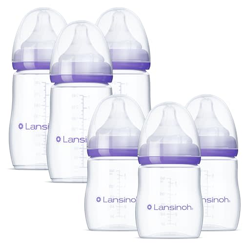 Lansinoh Anti-Colic Baby Bottles for Feeding Babies, 3 Count Each of 5 Ounces and 8 Ounces, 6 Bottles Total, Includes 3 Medium Flow Nipples (Size M) and 3 Slow Flow Nipples (Size S)