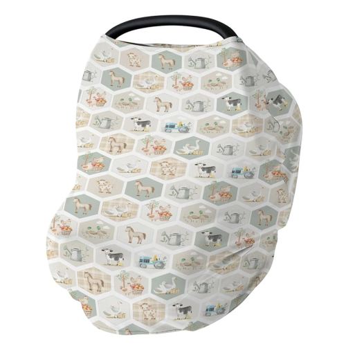 Farm Party Car Seat Cover for Babies Farm Cow Pig Horse Duck Chick Meadow Tractor Stretchy 5-in-1 Covers Adjustable Car Canopy Breastfeeding Cover Farm Animals Life Breathable Nursing Cover-Up