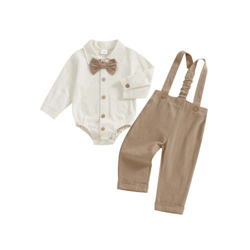 Suealasg Baby Boys Spring Fall Outfit Sets Long Sleeve Lapel Button Up Romper Solid Color Suspender Pants Sets 3 6 9 12 18 Months Infant Boys 2Pcs Clothes