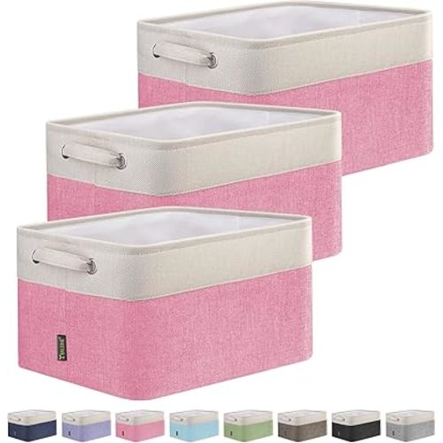 BALEINE 3 Pack Fabric Storage Bins for Shelves, Linen Storage Baskets for Organizing, Decorative Closet Bins for Clothes, Home (Pink, 15''x11''x9.5'')