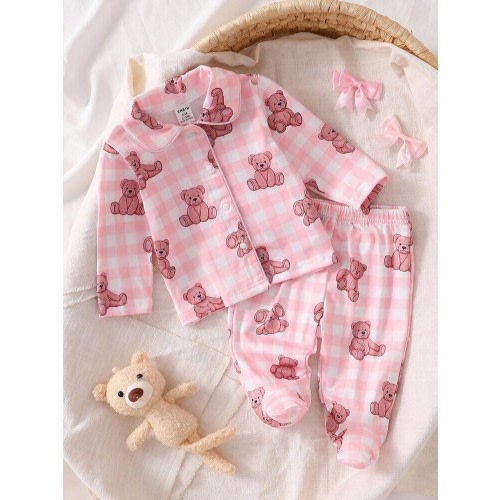 2pcs Newborn Baby Girls' Cute Bow Pattern Long Sleeve Top And Pants Casual Comfortable Pajama Set Newborn Cute Pj Set Fall Winter | SHEIN USA