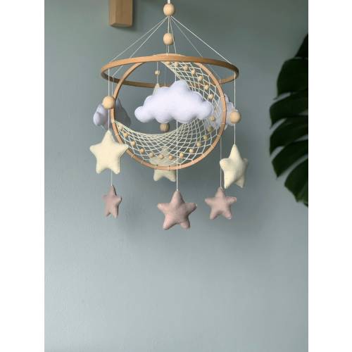 Moon and star crib mobile, Macrame baby mobile, Nuetral baby mobile, Moon baby mobile, Star mobile, Handing Mobile Felt, Mobile nursery,