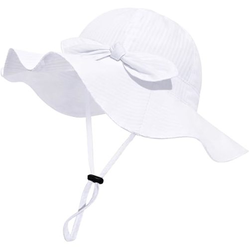 Baby Girl Sun Hat with UPF 50+ Outdoor Adjustable Beach Hat with Wide Brim Bucket Hats - White-stripe 1pcs