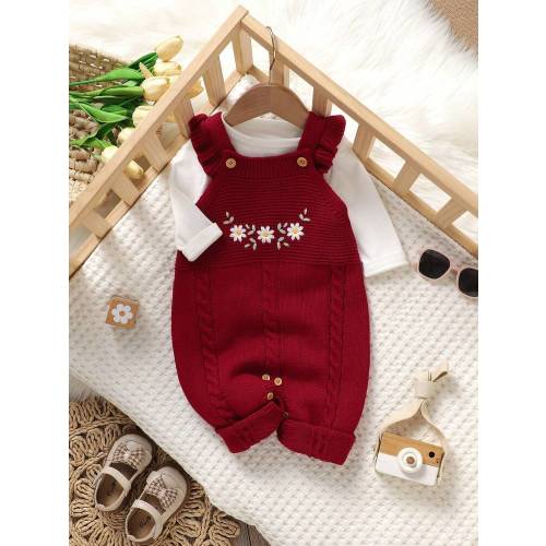 SHEIN 1pc Infant Romper With Ruffled Strap, Embroidered Jumpsuit, Fashionable And Sweet Baby Girl Clothes Red Red Baby Outfits Newborn Fall Romper Red Romper Toddler Baby Sweater Romper Red Baby Romper Baby Girl Romper Christmas Sweater For Baby Dress Chr