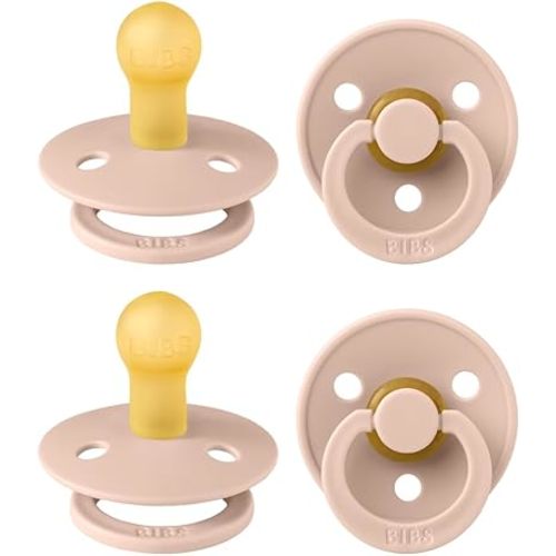 BIBS Colour Pacifier 4-Pack, BPA Free Dummy Pacifier, Round Nipple. Natural Rubber Latex, Made in Denmark, Size 1 (0-6 Months), Blush