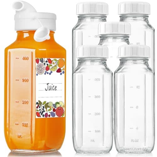 6 Pack 16 Oz Glass Juice Bottles w Pour Spout, 100% Airtight Heavy Duty SCREW Lid- Reusable Glass Milk Bottles w Capacity Mark, Square Drinking Jar Juice Container(Extra 2 Lid)