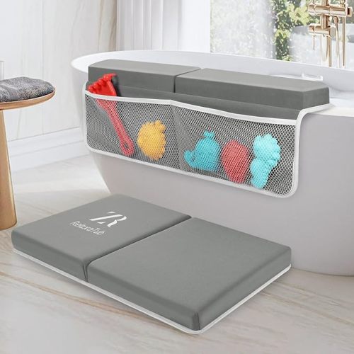 Bath Kneeler and Elbow Rest Pad Set - 2-Inch Thick Comfortable Baby Bath Kneeler Pads, Quick-Dry Non-Slip Bathtub Mat with Toy Organizer for Knee & Arm Support for Baby Bath Time