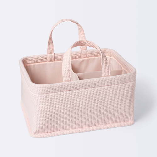 Waffle Weave Rectangular Diaper Caddy with Handles Pink