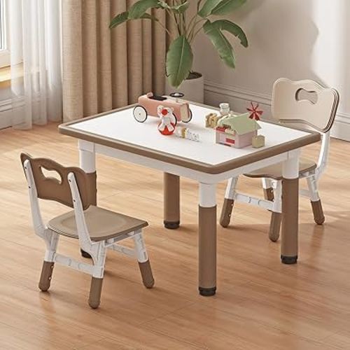 Toddler Table and 2 Chairs, Kids Table and Chair Set Height Adjustable, 31.5''L x 23.6''W Multifunctional Kids Table for Reading, Drawing, Eating, for Girls & Boys Age 2-10, Brown-02