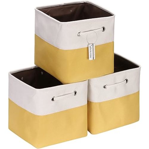 Sea Team 3-Pack Cubic Storage Basket Set, Storage Cube Organizer, Clothes Toys Bin, 11 x 11 x 11 Inches, Big Square Canvas Fabric Collapsible Shelf Box with Handles for Kids Room (Yellow/White)