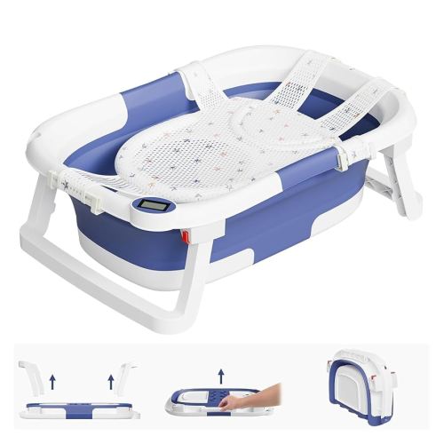 Collapsible Baby Bathtub,Baby Bath Tub with Soft Cushion & Thermometer,Baby Bathtub Newborn to Toddler 0-36 Months,Portable Travel Baby Tub