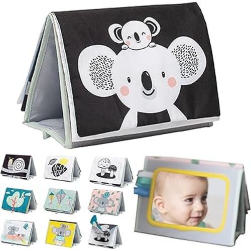 Tummy Time Toys High Contrast Baby Book. Fun, Interactive Crinkle Books for Babies with Baby Tummy Time Mirror & Soft Koala Teether - Baby Tummy Time Book by Taf Toys