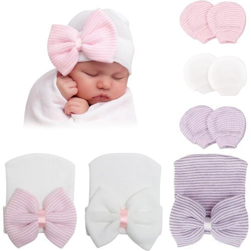 DRESHOW BQUBO Newborn Hospital Hat and Mittens Infant Baby Beanie Soft Cotton Cute Knot Nursery Cap for 0-6 Months Girls Boys