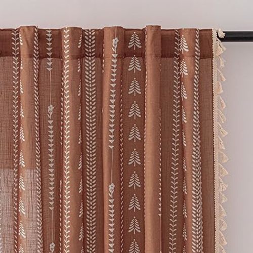MEETSKY Boho Curtains for Living Room, Terracotta Curtains 84 Inch Long Linen Blended Semi Sheer Curtains with Tassels Back Tab, Light Filtering Patterned Drapes 50" W x 84" L Each Panel, 2 Panels