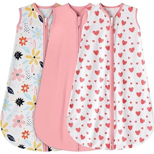3 Pack Baby Sleep Sack 0-6 Months 100% Rayon Cotton Baby Sleeping Bag 2-Way Zipper Toddler Wearable Blankets Comfy Stretchy Lightweight TOG 0.3 (Heart&Pink&Floral)