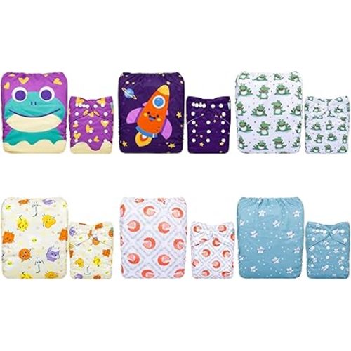 ALVABABY Baby Cloth Diaper 6 Pack with 12 Inserts One Size Cloth Diaper Covers Adjustable Washable Reusable for Baby Girls and Boys