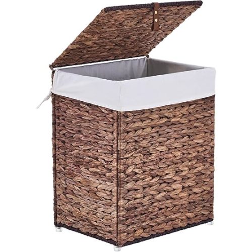 Handwoven Laundry Basket with Lid, Natural Water Hyacinth Storage Basket with Handle, Removable Cotton Liner, Durable and Stylish for Bedroom, Bathroom, Laundry Room