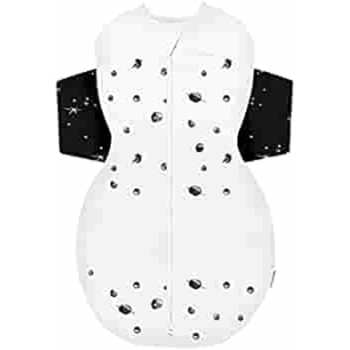 Happiest Baby SNOO Sleep Sack - 100% Organic Cotton Baby Swaddle Blanket - Doctor Designed Promotes Healthy Hip Development - Prevents Accidentally Scratching Face (Ivory Planets Black Wings, Medium)