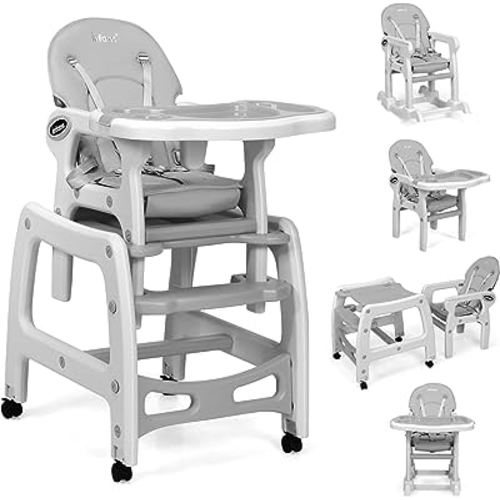 INFANS 5 in 1 Baby High Chair, Convertible Toddler Table Chair Set, Rocking Chair, Multi-Function Seat with Lockable Universal Wheels, Adjustable Seat Back, Removable Trays