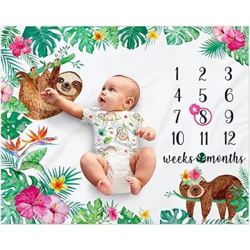 Watercolor Flowers Jungle Baby Sloth Monthly Milestone Blanket - Soft Fleece Blanket for Baby Girls - Perfect Age Photo Props and Newborn Baby Gift Idea