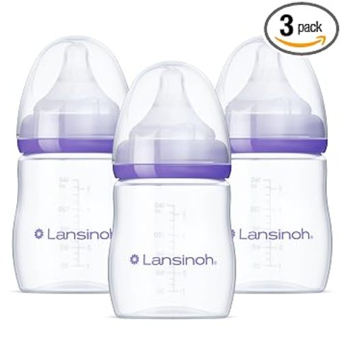 Lansinoh Anti-Colic Baby Bottles, BPA-Free Plastic, 5 Ounces, 3 Count, Slow Flow Nipples (Size S), Breastfeeding Bottle with NaturalWave Design, Baby Essentials