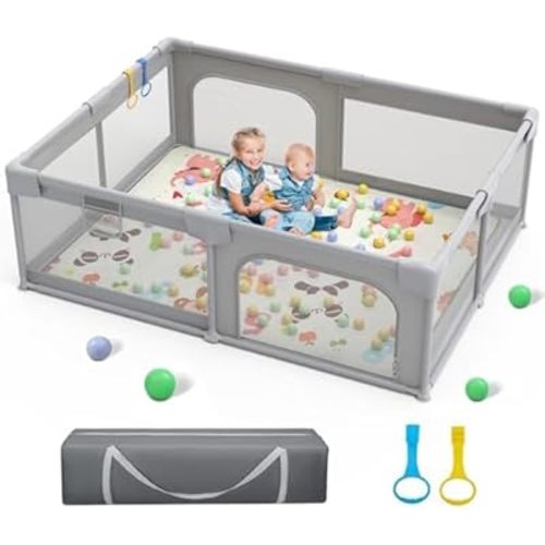 Palopalo 71"x59" Extra Large Baby Playpen, Sturdy Safety Playard for Babies and Toddlers, Baby Activity Center with 8 Suction Cup Bases and Soft Breathable Mesh, Infants Play Pen with Gate, Gray