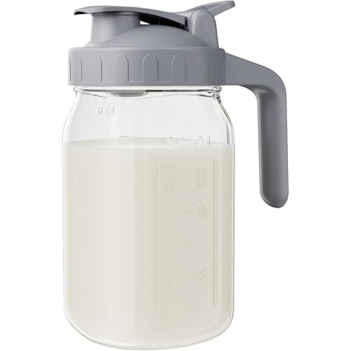 Breast Milk Pitcher Jug - 32 oz Glass Mason Jar Airtight Pitcher with Pour Spout Handle for Breastmilk, Iced Tea, Ice Drinks Storage Container
