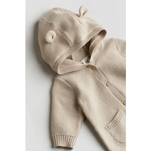 Knit Cotton Jumpsuit, Long sleeve, Long, Light beige