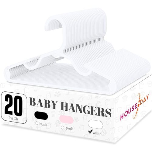 HOUSE DAY Plastic Baby Hangers for Closet 20 Pack, Durable Plastic Kids Hangers for Baby Clothes, Thin & Compact Childrens Hangers, Space Saving White Baby Hangers, Small Hangers for Kids Clothes