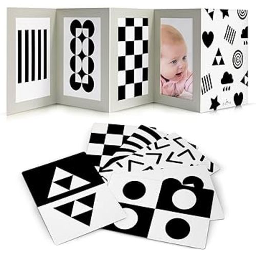 High Contrast Tummy Time Toy For Baby With Large Black and White Cards - Stimulating Sensory Development Boards & Mirror For Babies & Infants 0-3 Months - Twelve Montessori Patterns That Newborns Love