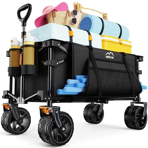 Uyittour Collapsible Wagon Cart Heavy Duty Foldable, Folding Beach Wagon with Big Wheels for Sand, Utility Grocery Cart with Side Pocket and Brakes for Camping Sports Outdoor Activities, Black