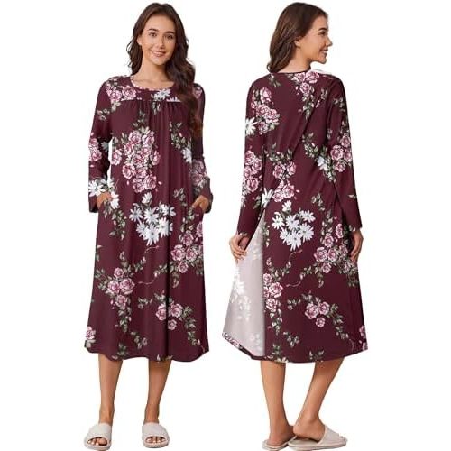 Deyeek Hospital Gowns for Women Tear Away Snap Open Back Dress Long Sleeve Post Surgery Adaptive Nightgown with Pockets