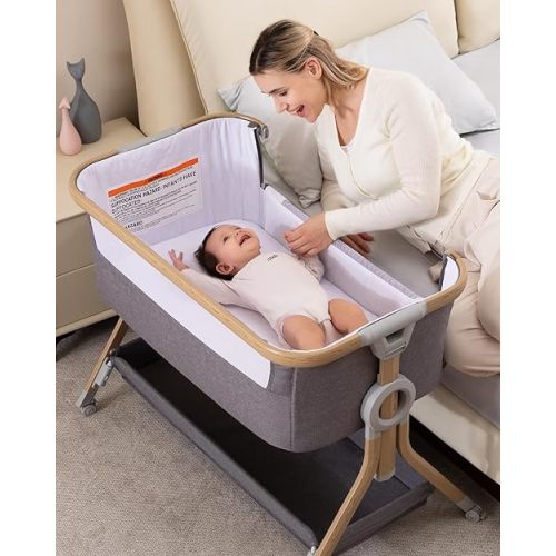 Larex 3 in 1 Baby Bassinet, Bassinets Bedside Sleeper for Newborn, Breathable Mesh Bedside Crib with Comfy Mattress and Storage Basket, Adjustable Height Portable Bassinet