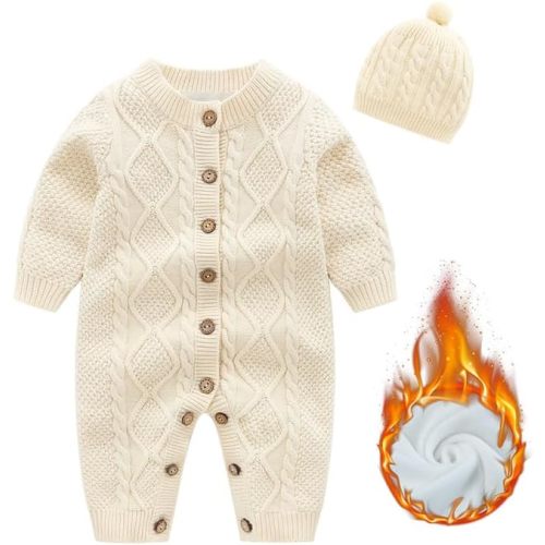 Baby Newborn Boy Knitted Sweater Romper Cotton Longsleeve Outfit with Kids Winter Warm Hats Set