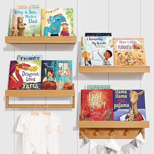Ollieroo Set of Four Floating Book Shelves for Wall, Nursery Book Shelf for Kids Room, Bamboo Wood Hanging Bookshelf for Baby Teen Boys Girls, Wall Mounted Shelves for Bedroom Bathroom Decor(Natural)