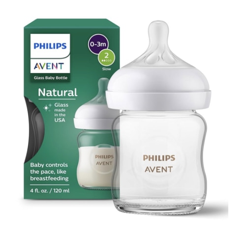 Philips Avent Natural Glass Baby Bottle with Natural Response Nipple (Slow Flow, Flow 2), 4oz, SCY910/01