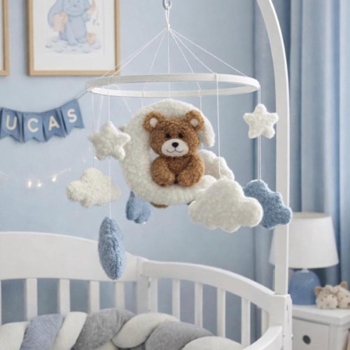Teddy Bear Moon Crib Mobile: Felt Cloud Nursery Decor