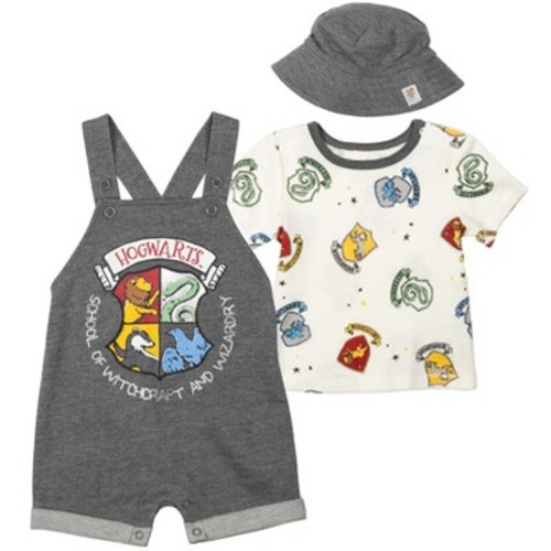 Harry Potter Hermione Hedwig Owl Ron Weasley Baby French Terry Short Overalls T-Shirt and Hat 3 Piece Outfit Set Newborn to Infant, Color: Heather grey, Size: newborn